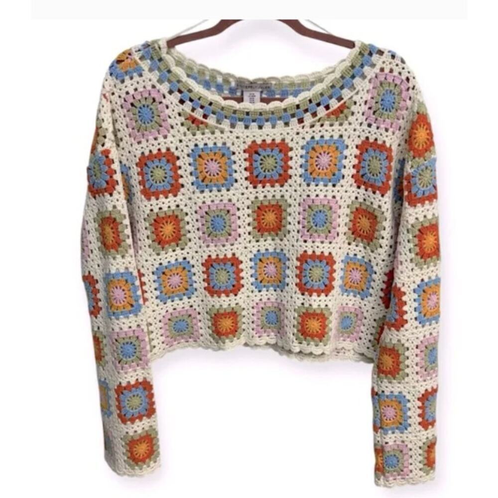 Crochet Cotton Multicolor Granny Square Top Long Sleeve Festival Fall
